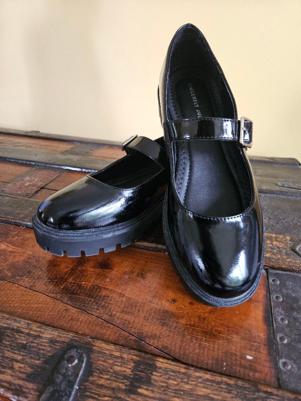 Sincerely Jules Black Patent Lug Sole Mary Janes